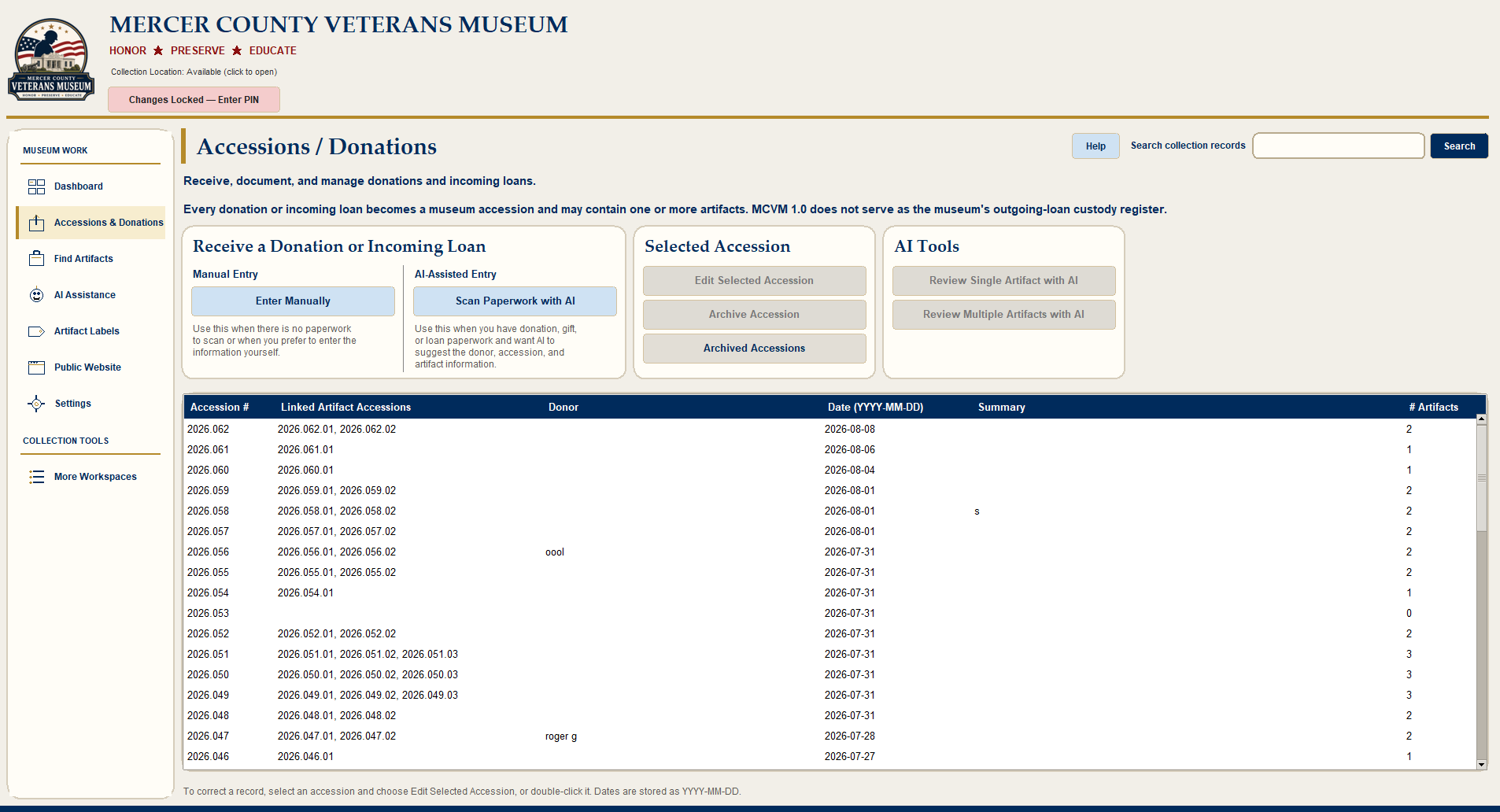 MCVM Accessions and Donations workspace