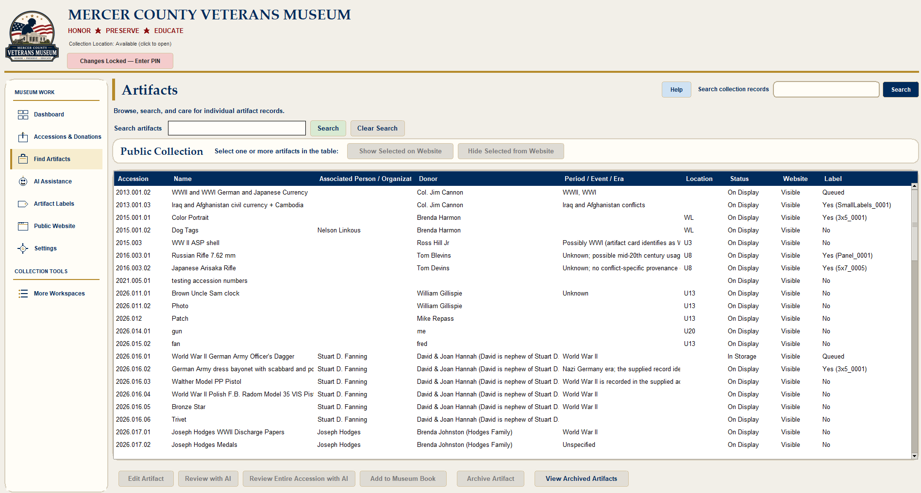 MCVM Collection Manager artifact browsing screen