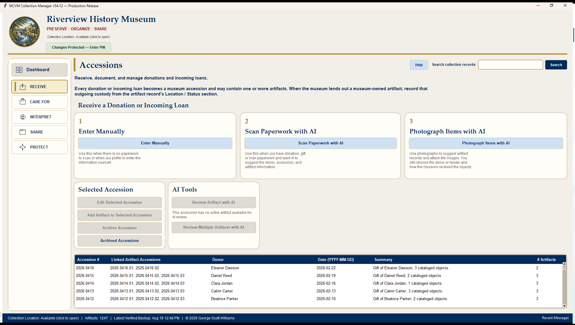 Current MCVM Accessions workspace for the fictional Riverview History Museum