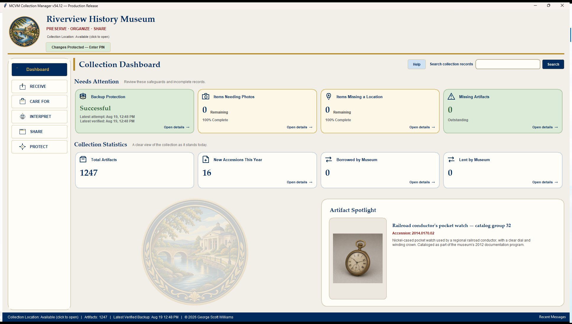 Current MCVM dashboard for the fictional Riverview History Museum