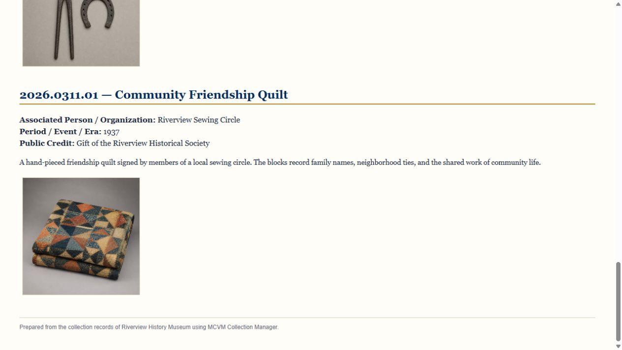 Museum Book artifact story with approved metadata, description, credit, and photograph
