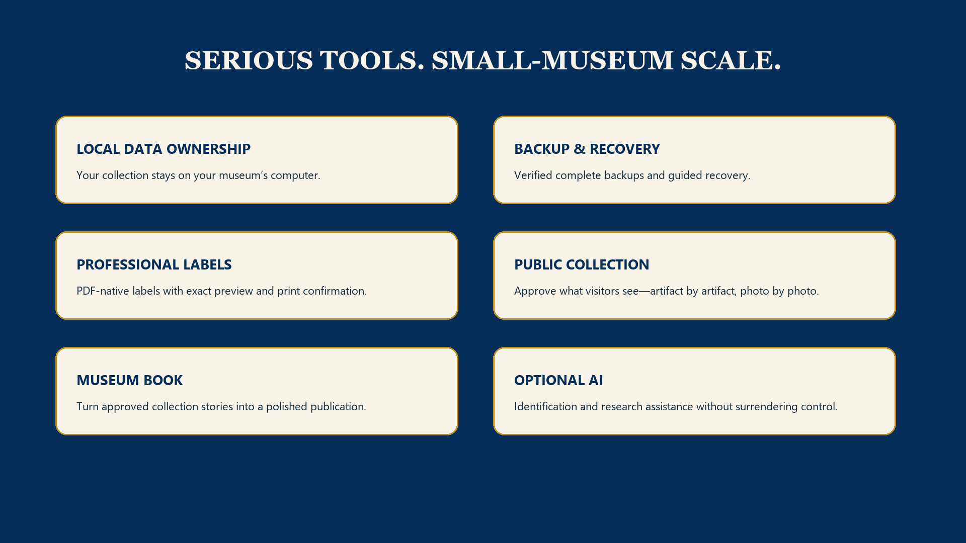 MCVM product strengths including local data, backups, labels, public collection, Museum Book, and optional AI